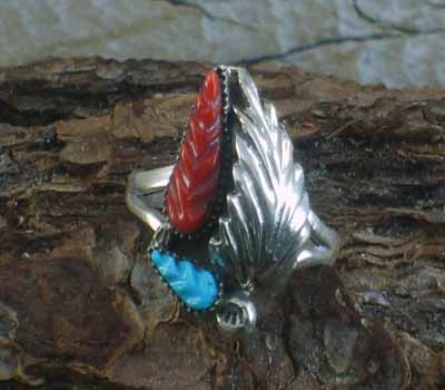 Native American Zuni Coral Carved  Ring- sz 6.5